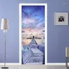 Moderne 3D bleu ciel vue sur la mer pont en bois porte autocollant salon chambre créative Po Mural étanche papier peint 3D12084