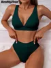 Swim wear 2024 New Sexy V-Neck Ribbed Bikini High Waist Swimwear Women Solid Push Up Swimwear Women Swimwear Bikini Set Swimwear aquatic sports 240311