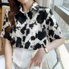 Women's Blouses 2024 Summer Women Blouse Ink Print Leopard Short Sleeve Chiffon Shirts Elegant Fashion Formal Office Lady Top