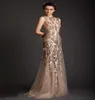 2019 Krikor Jabotian Neuankömmling Abendkleider Sexy Meerjungfrau Sheer Crew Gold Applikation Abendkleider Tüll Ballkleider5639574