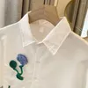 Women's Blouses Blue Flower Decoration Polo Collar Blouse Women Short Sleeve Summer Shirts Loose Tops Vintage Boho White Beach Beautiful