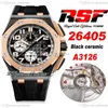 RSF 44mm A3126 Automatische chronograaf Heren Bekijk tweekleurige 18k roségouden rand Zwarte keramische kas getextureerd wijzerplaatmarkers Rubbe240T