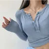 Mulheres Camisetas GGRIGHT Estilo Coreano Slim Cor Sólida Bottomed Tops Meio Aberto O-pescoço Manga Longa Mulheres Curtas Umbigo T-shirt