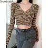 Camisola de malha retro americana para mulheres com estampa de leopardo picante cardigan com decote em v exposto umbigo curto início do outono topo