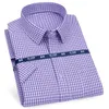 Mens Shortsleeved Shirt Business Casual Classic Plaid Striped Plaid Mens Social Dress Shirt Purple Blue Fashion CH 240312