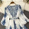 Casual Jurken Vrouwen Bohemian Jurk 2024 Lente Zomer Print Lange Lantaarn Mouw V-hals Corset Slanke Knop Geplooide Vakantie 374