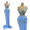 Luxury Baby Blue Blue Beled Dresses Mermaid Formale Long Evening Abito da sera con Flit Fiori fatti a mano Occasioni speaziali Donne Donne Vestitido De Fiesta