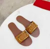 Designer Sandals Women Beach Slippers Luxury Brand Metal Buckle Brown Black Matte Genuine Leather Peep Toes Summer Woman Shoes with Dust Bag Size 35-42