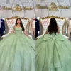 Light green princess quinceanera dresses ball gown off shoulder glitter beads vestido de quinceanera bow knot Sweet 15 Masquerade Dress