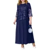 Pleated Waist Dress Elegant Plus Size Maxi Dress with Flower Embroidery Lace Detail Three Quarter Sleeve O Neck Fake Two-piece 240229