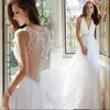 Amazing A Line Lace Backless Wedding Dresses V Neck Beaded Beach Bridal Gowns Sweep Train Tulle Appliqued Plus Size sexy new wed gown long Train Boho Vestidos De Noiva