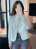 Fransk vintage kvinna liten doft tweed jacka topp cardigan coat höstknapp kvinnlig paket elegant rutig kort outkläder 240229