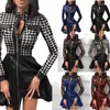 Casual Dresses Faux PULeather Kleid Frauen Sexy Spitze Mini Elegante Große Saum Reißverschluss Langarm Dame Mode Bodycon Slim Short