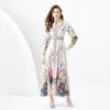 Long Sleeved Floral Maxi Dresses Stand Collar Designer Women Button Cardigan Printed Dress Ladies Belt Office Casual Party Robes Clothes Vacation 2024 Spring