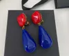 Stud Earrings Water Drop Red And Blue Color Contrast Middle Ear Clip Trendy Personality Resin Gold Buckle Type Accessories