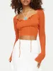 女性のセーター女性クロップトップファッション長袖タイプフロントソリッドカラーTシャツかぎ針編み