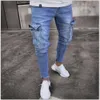 Jeans Multi Pocket Hombres Ripped Flaco Destruido Deshilachado Slim Fit Denim Pantalón Casual Agujero Cremallera Nostálgico Pantalones Azules 596