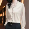 Kvinnors blusar Skjortor Lucyr Black White Lace Ruffles Chiffon Shirts Women 2022 Spring Summer Office Long Sle Blay Elegant V-Neck Bluses S-4XLL24312