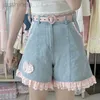 Şort kadın mavi vintage dantel şort kot pantolon tatlı ekose bel denim kısa kawaii ldd240312