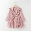 Robes de fille 2-7 ans Kid filles hiver Trench manteaux dentelle maille Patchwork à manches longues revers à volants Double boutonnage coupe-vent vêtements d'extérieur avec ceinture