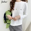 T-shirt Femme Jielur Kaki T-shirt de dessin animé brodé Femmes Vert Casual Cute Girls Tee-shirt Blanc Simple Long-Sled Tops Fe S-XL L24312
