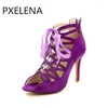 Sandálias PXELENA Strappy Stiletto Salto Alto Gladiador Mulheres Sapatos Faux Suede Roma Peep Toe Hollow Out Roxo Tamanho Grande