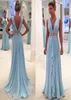 Light Sky Blue Chiffon A Line Prom Dresses Long Deep V Neck Beaded And Appliques Sash Evening Gowns With Pleats1182952