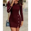 VOLEEMI Women's Vintage Knee-Length Button Pencil Dresses Wrap Hip O-Neck Wrist-Length Sleeves Autumn Winter Boho Dress 240306