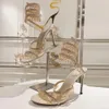 RENE CAOVILLA CRYSTAL CHANDELIER HIGH-HEELED SANDALS女性のおとぎ話スタイルラグジュアリーダイヤモンドセルペンティンラップローマのハイヒール10cmデザイナーバンケットドレスシューズ