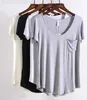 Camiseta de mujer HanOrange Modal bolsillo verano corto Sle suelta mujer cuello pico Color puro suave camiseta negro/gris/blanco/Beige L24312