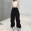 Calças femininas hip-hop reta solta cintura alta multi bolso casual cordão calças largas vintage sweatpant