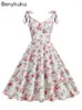 Casual Dresses Floral Print Knot Strap V-Neck Cotton Vintage Dress Women Party Elegant Celebrity Summer Ladies 1950s 60s Rockabilly Swing