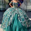 Sparkle Emerald Green Beaded Quinceanera Dresses Gold Appliques Lace Flower Tull Ball Gowns Off the Shoulder Vestido De 15 Anos