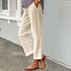 Pantaloni da donna in cotone traspirante e lino, comodi elastici in vita, gamba larga con tasche, stile semplice e casual per le donne