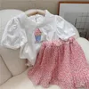 Summer Girls Clothing Set Lace Hollow Topsfloral Short Kjol 2st Suit Princess Toddler Baby Barn Barnkläder 240226