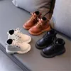 Boots Autumn Winter Children's Solid Color Lace Up Front Leathe Warm Leather Girls' Fashion Soft Sole Low Barrel Cotton