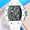 Luxe horloge RicharMill Horloges Rm11-03 Multifunctioneel Automatisch Mechanisch Wit Koolstofvezel Groene Tape Miller Zwitserse ZF-fabriek I53C