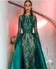 Luxury Muslim Dark Green Long Sleeves Sequins Mermaid Evening Dresses 2020 Illusion Plus Size Party Party Prom Clows with Detacha3442177