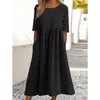 Casual Kleider Frauen Sommer Vintage Einfache Streetwear Baumwolle Leinen Solide Kurzarm Plissee Übergroßen Strand Midi Kleid Vestido