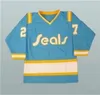 Vintage Herren 1970er CALIFORNIA GOLDEN SEALS 27 GILLES MELOCHE 7 REGGIE LEACH Jersey genäht Weiß Blau Grün Gelb Alternativ S-5XL individuell Beliebiger Name