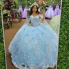 Hemelsblauw Glanzend Quinceanera Jurken Prinses Applique Kant Bal Verjaardagsfeestje Gown Sweet 16 Jurken Prom Vestidos De 15 Anos