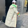 Damen-Trenchmäntel, Wintermode, koreanische Kapuzenjacke mit Baumwollpolsterung, Damen, lässig, lockerer Farbkontrast über dem Knie, lange Baumwolle
