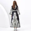 Vintage Palace Style Printed Long Dress Flared Sleeves Designer Women Buttons Cardigan Dresses Ladies Belt A-line Swing Office Casual Party Robes Clothes Vacation