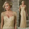 Elegant Chiffon Mother of the Bride Dresses Long Sleeves Champagne Appliques Lace Formal Evening Gowns Plus Size Custom Made
