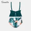 Costumi da bagno SEASELFIE Plus Size Vita alta Set Bikini Donna Sexy di grandi dimensioni verde e con motivo floreale arruffato due pezzi 2022 costume da bagno sport acquatici 240311