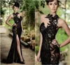 2021 Black Rami Salamoun Split Prom Dresses Long Appliqued Sheer High Neck Beading Mermaid Formal Evening Gowns Real Image Cheap P6452953