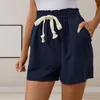 Shorts femininos mulheres verão cordão elástico cintura shirring bolsos soltos acima do joelho comprimento respirável praia casual