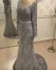 2024 Arabic Silver Luxurious Lace Beaded Mother Of Bride Dresses Mermaid Long Sleeves Mother Of Groom Dresses Vintage Evening Party Gowns