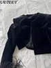 Kadın Ceketleri İlkbahar ve Sonbahar Yuvarlak Boyun Uzun Kolu Devek Dekoratif Dekoratif Siyah Kat Velvet Kumaş Mizaç Kısa Ceket