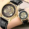 Horloges ORKINA Vintage herenhorloges Heren skelethorloge Lederen band Gouden kast Top Automatisch mechanisch polshorloge